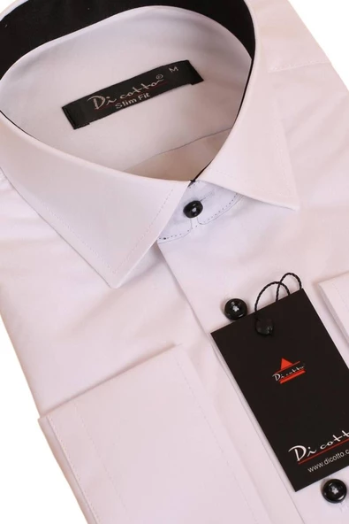 Beyaz Yaka İçi Siyah Slim Fit Dar Kesim Uzun Kol Düz Renk Erkek Gömlek  - 152-1 /151 - Resim 2