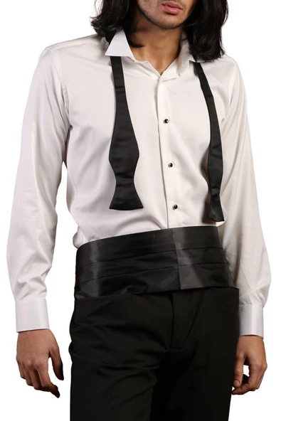 Krem Siyah Taş Düğmeli Damatlık Ata Yaka Kol Düğmeli Slim Fit Smokin Gömlek - 007 - Resim 2