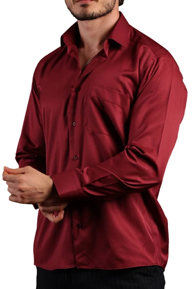Bordo Rahat Kesim Micro Kumaş Kol Düğmeli Regular Fit Erkek Gömlek - 190-13 - Resim 3