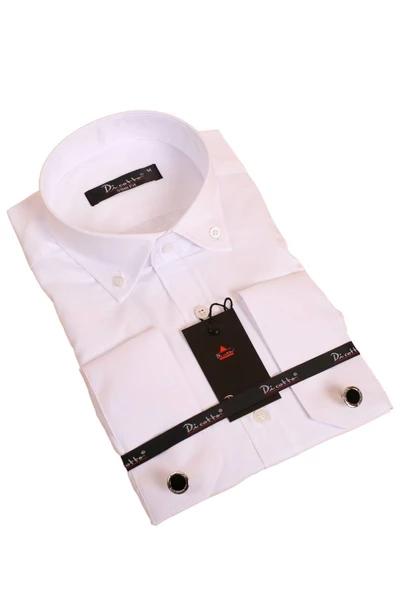 Beyaz Düğmeli Yaka ve Zincirli Uzun Kol Dar Kesim Micro Kumaş Kol Düğmeli Slim Fit Erkek Gömlek - 198-1