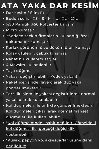 Krem Siyah Taş Düğmeli Damatlık Ata Yaka Kol Düğmeli Slim Fit Smokin Gömlek - 007 - Resim 5