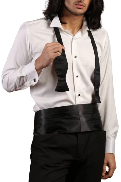 Krem Siyah Taş Düğmeli Damatlık Ata Yaka Kol Düğmeli Slim Fit Smokin Gömlek - 007 - Resim 6