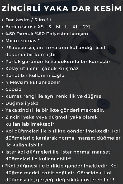 Siyah Düğmeli Yaka ve Zincirli Uzun Kol Dar Kesim Micro Kumaş Kol Düğmeli Slim Fit Erkek Gömlek - 198-6 - Resim 5