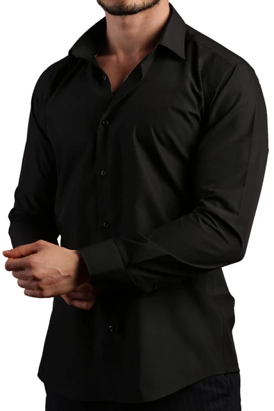 Siyah Dar Kesim Slim Fit Uzun Kol Düz Renk Erkek Gömlek  - 151-20 - Resim 2