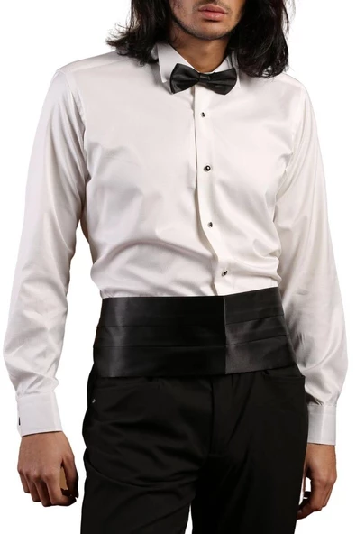 Krem Yakma Desenli Siyah Taş Düğmeli Damatlık Ata Yaka Kol Düğmeli Slim Fit Smokin Gömlek - 023 - Resim 2