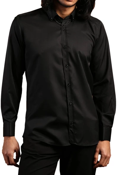 Siyah Düğmeli Yaka ve Zincirli Uzun Kol Dar Kesim Micro Kumaş Kol Düğmeli Slim Fit Erkek Gömlek - 198-6 - Resim 2
