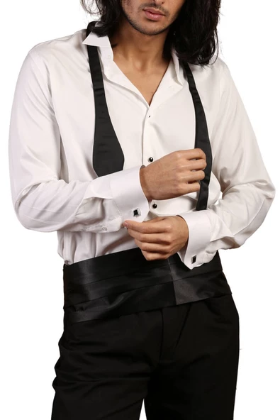 Krem Ekstra Uzun Kol 8 Drop Damatlık Ata Yaka Kol Düğmeli Slim Fit Smokin Gömlek - 014 - Resim 3