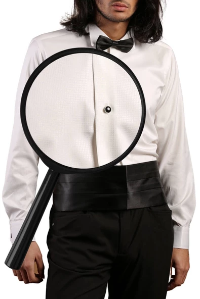 Krem Yakma Desenli Siyah Taş Düğmeli Damatlık Ata Yaka Kol Düğmeli Slim Fit Smokin Gömlek - 023 - Resim 3