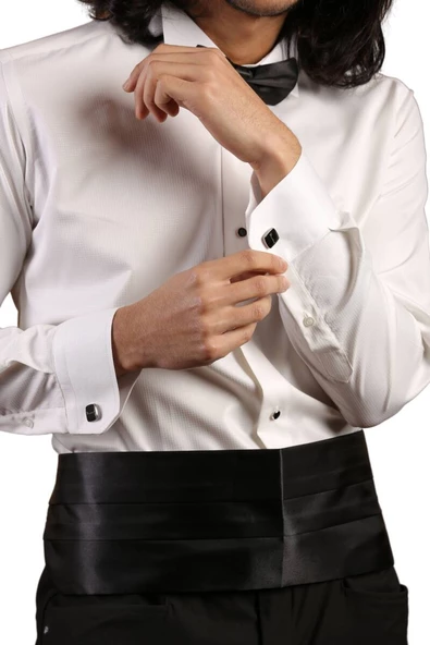 Krem Yakma Desenli Siyah Taş Düğmeli Damatlık Ata Yaka Kol Düğmeli Slim Fit Smokin Gömlek - 023 - Resim 7