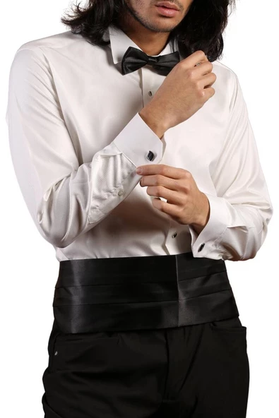 Krem Yakma Desenli Siyah Taş Düğmeli Damatlık Ata Yaka Kol Düğmeli Slim Fit Smokin Gömlek - 023 - Resim 6