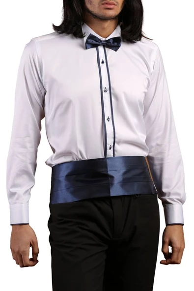 Beyaz Lacivert Çift Bieli Damatlık Ata Yaka Kol Düğmeli Slim Fit Smokin Gömlek - 011 - Resim 2