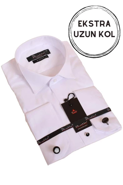 Beyaz Ekstra Uzun Kol 8 Drop Damatlık Ata Yaka Kol Düğmeli Slim Fit Smokin Gömlek - 013 - Resim 3