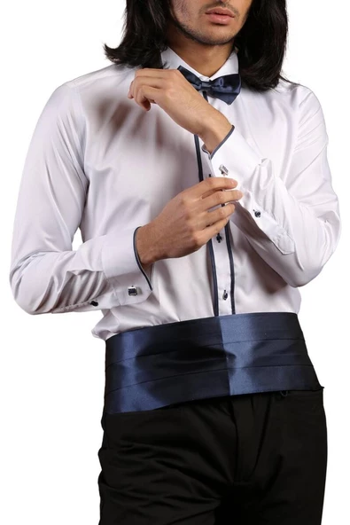Beyaz Lacivert Çift Bieli Damatlık Ata Yaka Kol Düğmeli Slim Fit Smokin Gömlek - 011