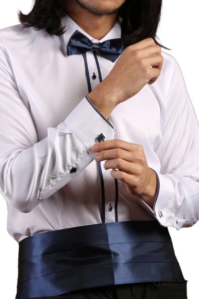 Beyaz Lacivert Çift Bieli Damatlık Ata Yaka Kol Düğmeli Slim Fit Smokin Gömlek - 011 - Resim 3