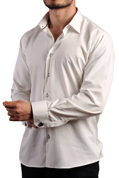 Krem 8 Drop Ekstra Uzun Kol Dar Kesim Micro Kumaş Kol Düğmeli Slim Fit Erkek Gömlek - 197-10 - Resim 3