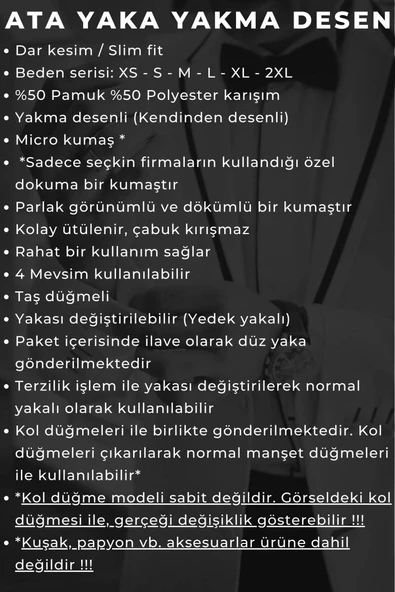 Krem Yakma Desenli Siyah Taş Düğmeli Damatlık Ata Yaka Kol Düğmeli Slim Fit Smokin Gömlek - 023 - Resim 5