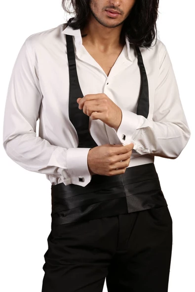 Krem Ekstra Uzun Kol 8 Drop Damatlık Ata Yaka Kol Düğmeli Slim Fit Smokin Gömlek - 014 ürün görseli