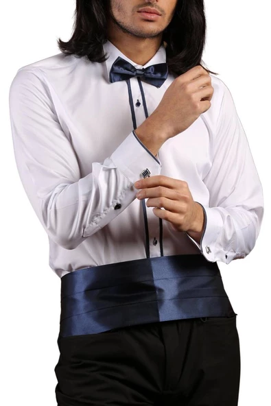 Beyaz Lacivert Çift Bieli Damatlık Ata Yaka Kol Düğmeli Slim Fit Smokin Gömlek - 011 - Resim 6