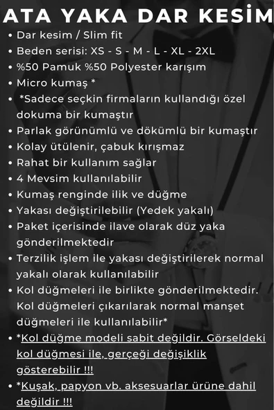 Siyah Düz Damatlık Ata Yaka Kol Düğmeli Slim Fit Smokin Gömlek - 010 - 4