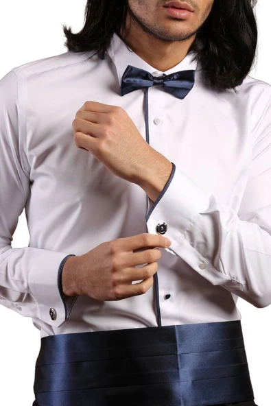 Beyaz Lacivert Tek Bieli Damatlık Ata Yaka Kol Düğmeli Slim Fit Smokin Gömlek - 028 - Resim 7
