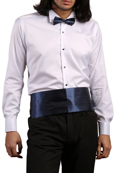 Beyaz Lacivert Taş Düğmeli Damatlık Ata Yaka Kol Düğmeli Slim Fit Smokin Gömlek - 008 - Resim 2