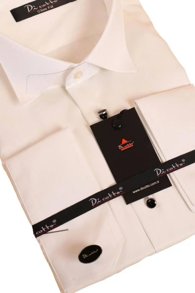 Krem Siyah Taş Düğmeli Damatlık Ata Yaka Kol Düğmeli Slim Fit Smokin Gömlek - 007 - Resim 2