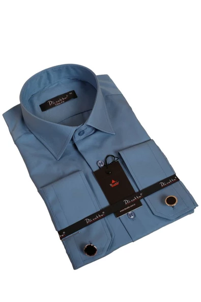 Turkuaz Mavi Dar Kesim Micro Kumaş Kol Düğmeli Slim Fit Erkek Gömlek - 201-18