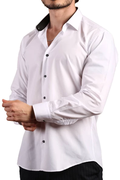 Beyaz Yaka İçi Siyah Dar Kesim Slim Fit Uzun Kol Düz Renk Erkek Gömlek  - 152-1 /151 - Resim 2