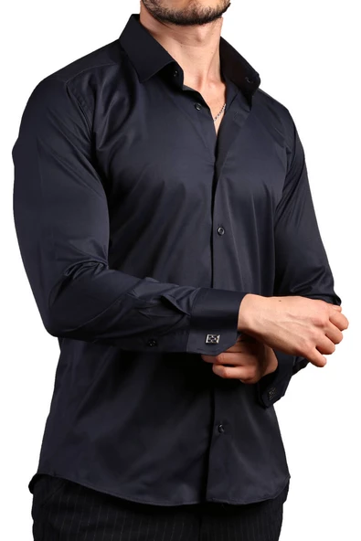 Lacivert Ekstra Dar Kesim Likralı Esnek Micro Kumaş Kol Düğmeli Slim Fit Erkek Gömlek - 195-12 - Resim 3