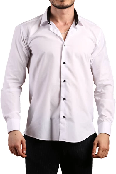 Beyaz Yaka İçi Siyah Dar Kesim Slim Fit Uzun Kol Düz Renk Erkek Gömlek  - 152-1 /151