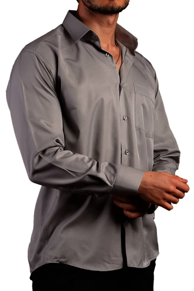 Koyu Gri Rahat Kesim Micro Kumaş Kol Düğmeli Regular Fit Erkek Gömlek - 190-7