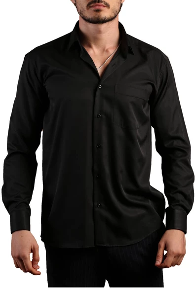 Siyah Rahat Kesim Micro Kumaş Kol Düğmeli Regular Fit Erkek Gömlek - 190-6 - Resim 2