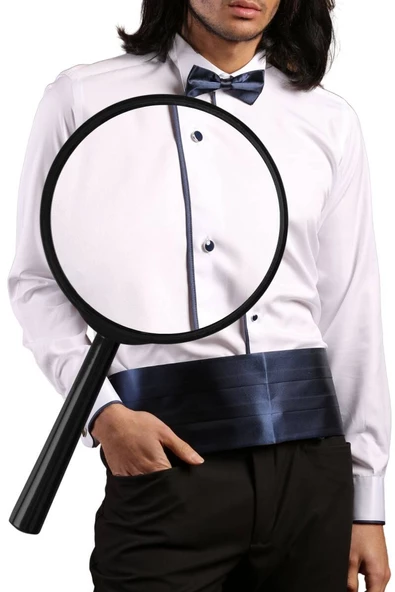 Beyaz Lacivert Tek Bieli Damatlık Ata Yaka Kol Düğmeli Slim Fit Smokin Gömlek - 028 - Resim 3