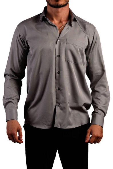 Koyu Gri Rahat Kesim Micro Kumaş Kol Düğmeli Regular Fit Erkek Gömlek - 190-7 - Resim 3