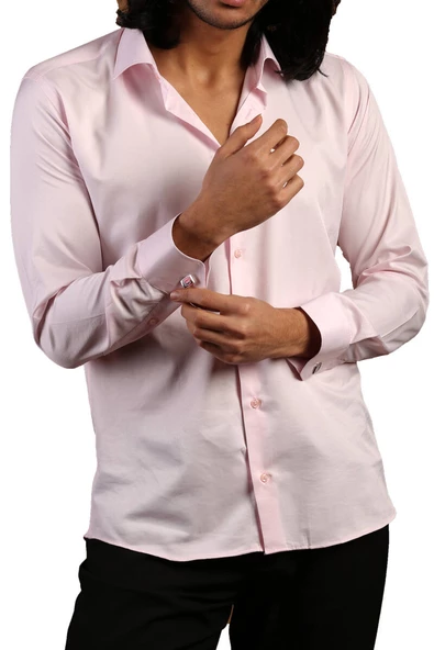 Pembe Dar Kesim Micro Kumaş Kol Düğmeli Slim Fit Erkek Gömlek - 201-2 - Resim 3