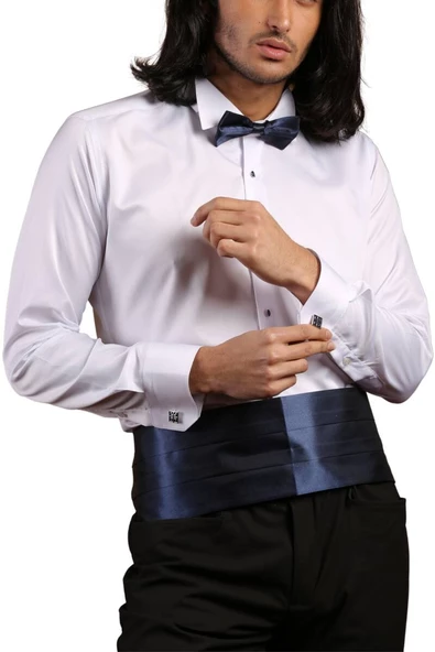 Beyaz Lacivert Taş Düğmeli Damatlık Ata Yaka Kol Düğmeli Slim Fit Smokin Gömlek - 008 - Resim 6