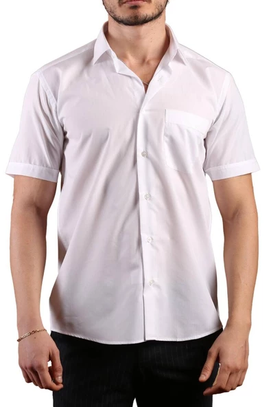 Beyaz Kısa Kol Rahat Kesim Cepli Regular Fit Erkek Gömlek  - 500-1 ürün görseli