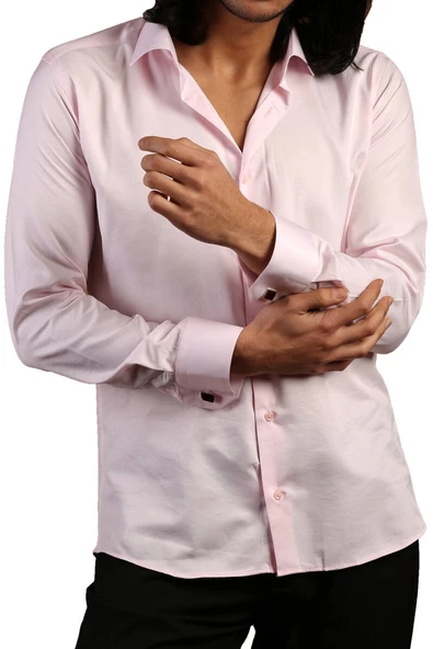Pembe Dar Kesim Micro Kumaş Kol Düğmeli Slim Fit Erkek Gömlek - 201-2