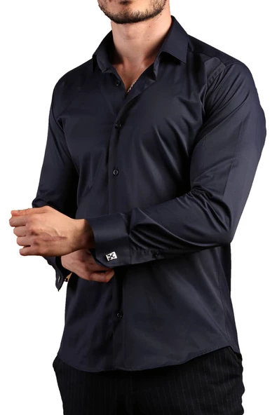 Lacivert Ekstra Dar Kesim Likralı Esnek Micro Kumaş Kol Düğmeli Slim Fit Erkek Gömlek - 195-12 - Resim 2