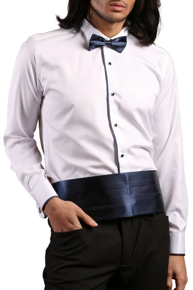 Beyaz Lacivert Tek Bieli Damatlık Ata Yaka Kol Düğmeli Slim Fit Smokin Gömlek - 028 - Resim 2