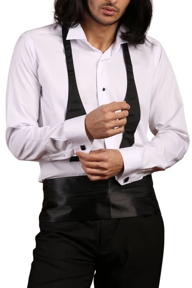 Beyaz Ekstra Uzun Kol 8 Drop Damatlık Ata Yaka Kol Düğmeli Slim Fit Smokin Gömlek - 013 - Resim 3