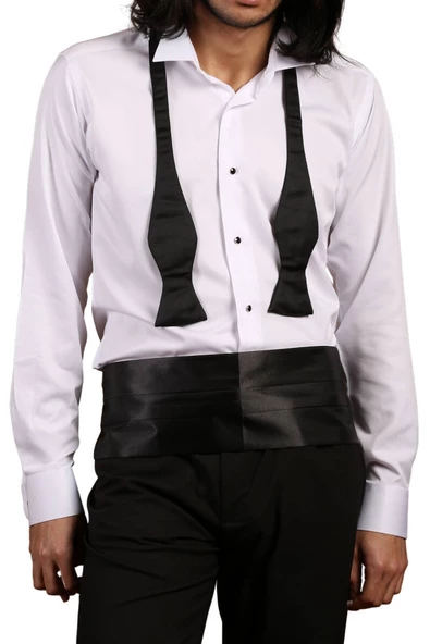 Beyaz Ekstra Uzun Kol 8 Drop Damatlık Ata Yaka Kol Düğmeli Slim Fit Smokin Gömlek - 013 - Resim 2