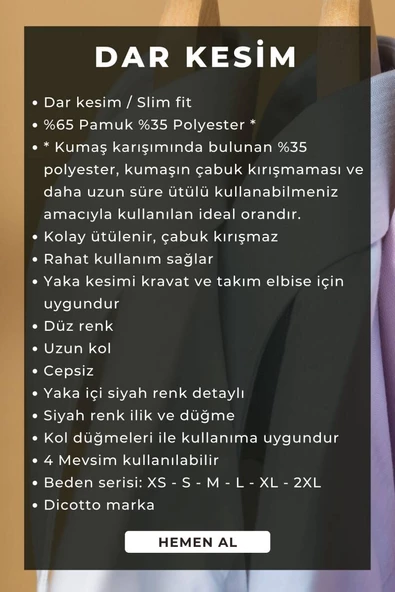 Beyaz Yaka İçi Siyah Dar Kesim Slim Fit Uzun Kol Düz Renk Erkek Gömlek  - 152-1 /151 - Resim 5