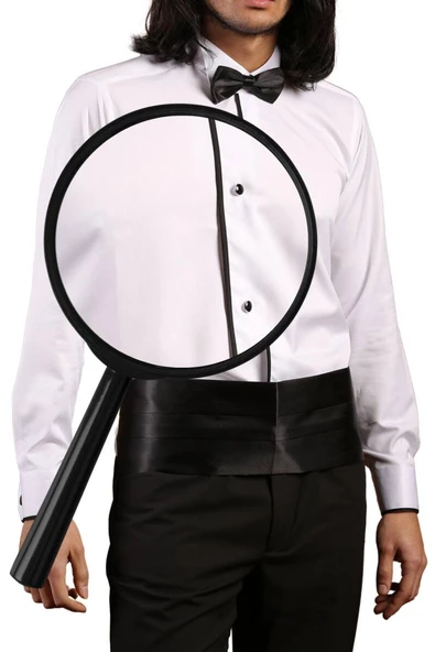 Beyaz Siyah Tek Bieli Damatlık Ata Yaka Kol Düğmeli Slim Fit Smokin Gömlek - 027 - Resim 3