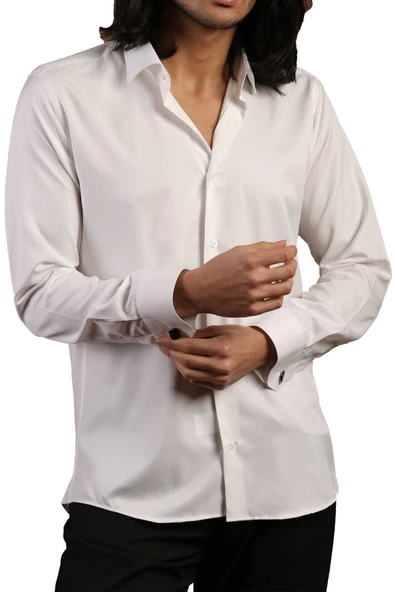 Krem Dar Kesim Micro Kumaş Kol Düğmeli Slim Fit Erkek Gömlek - 201-10 - Resim 3