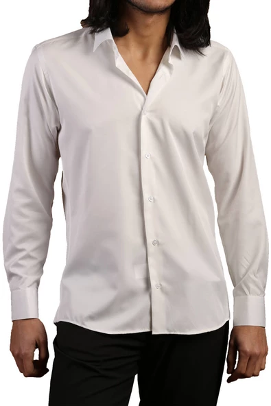 Krem Dar Kesim Micro Kumaş Kol Düğmeli Slim Fit Erkek Gömlek - 201-10 - Resim 2