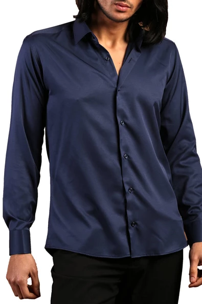 Lacivert Dar Kesim Micro Kumaş Kol Düğmeli Slim Fit Erkek Gömlek - 201-12 - Resim 2