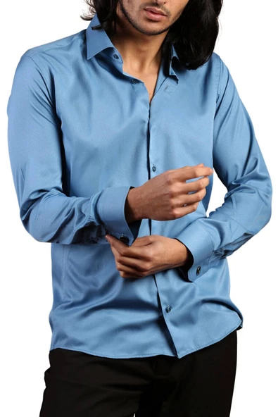 Turkuaz Mavi Dar Kesim Micro Kumaş Kol Düğmeli Slim Fit Erkek Gömlek - 201-18 - Resim 3