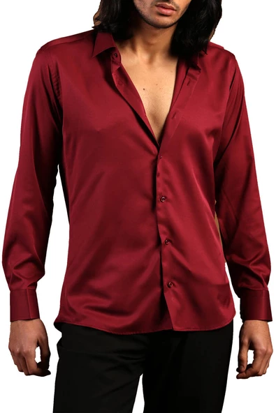 Bordo Dar Kesim Micro Kumaş Kol Düğmeli Slim Fit Erkek Gömlek - 201-13 - Resim 2