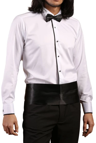Beyaz Siyah Tek Bieli Damatlık Ata Yaka Kol Düğmeli Slim Fit Smokin Gömlek - 027 - Resim 2